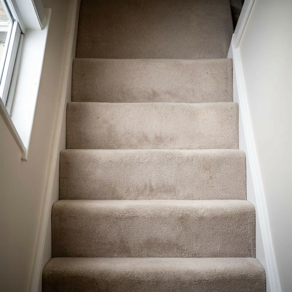 The same staircase now with a freshly cleaned oatmeal carpet
