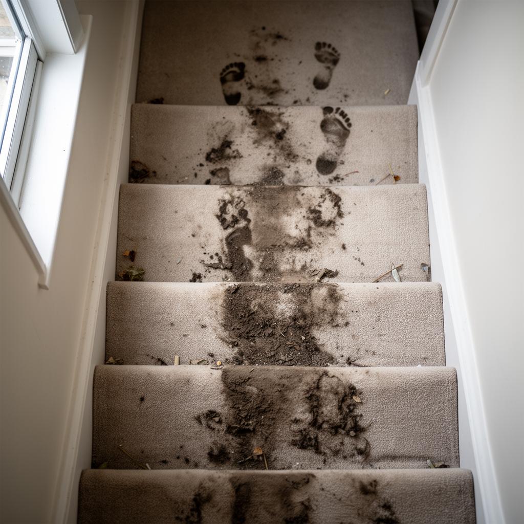 Stair carpet covered in muddy footprints and ground-in dirt